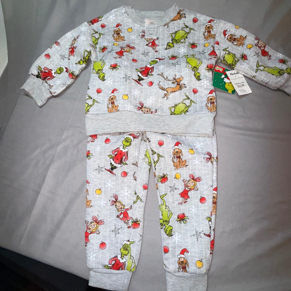 Kids The Grinch Christmas Pajamas Sleepwear‎ Set 24M Grey Snowflake Print